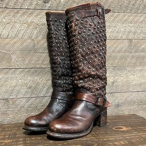 Frye Jenna Disc Tall Cognac Stone Antiqued Leather Boots